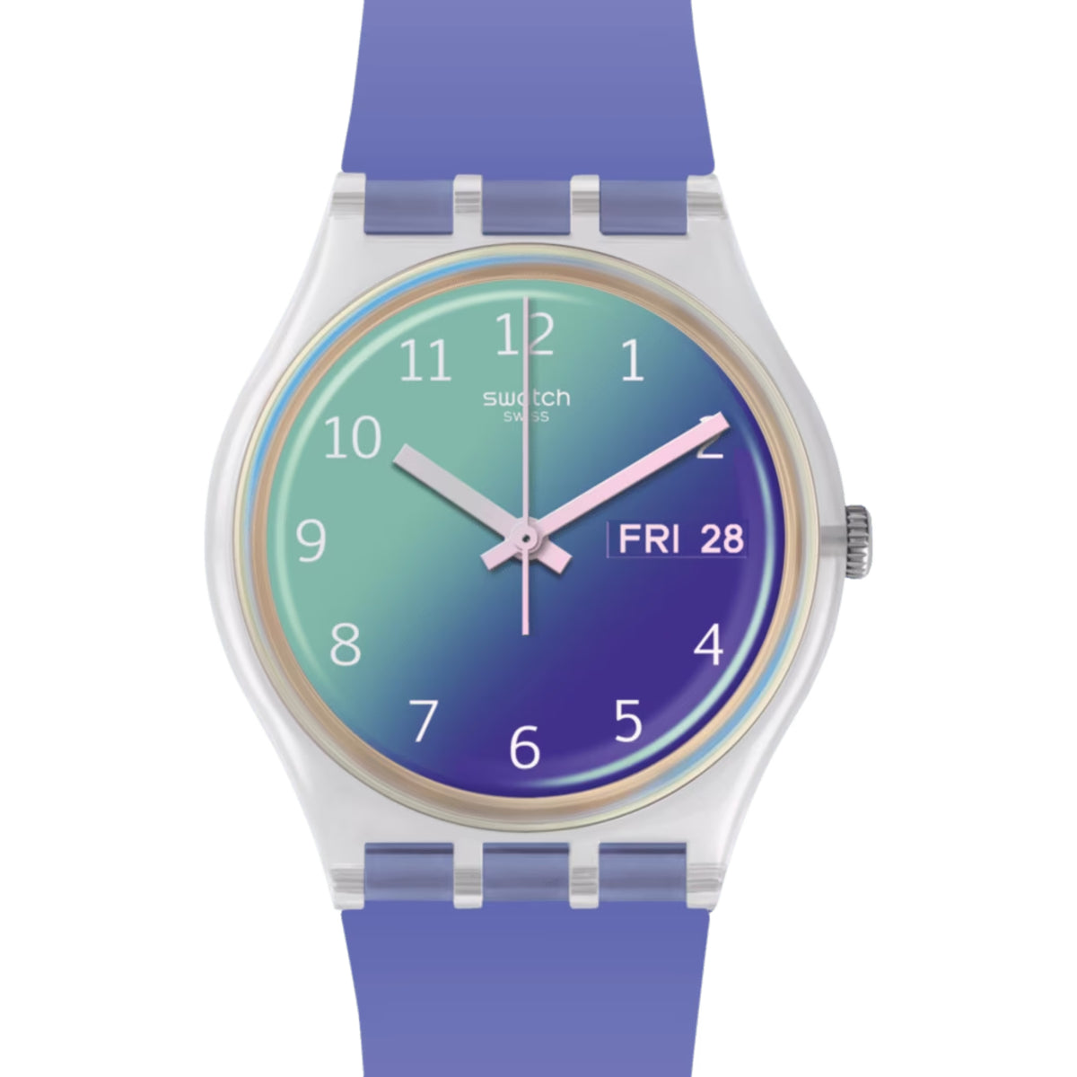 Lavender strap wristwatch with round multicolor dial and three-hand display