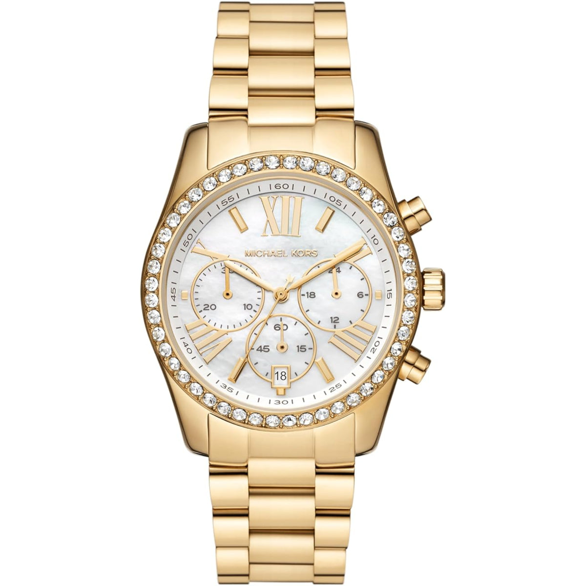 Michael Kors Lexington MK7241 front view showing white mother-of-pearl dial women's watch with crystal-embellished bezel