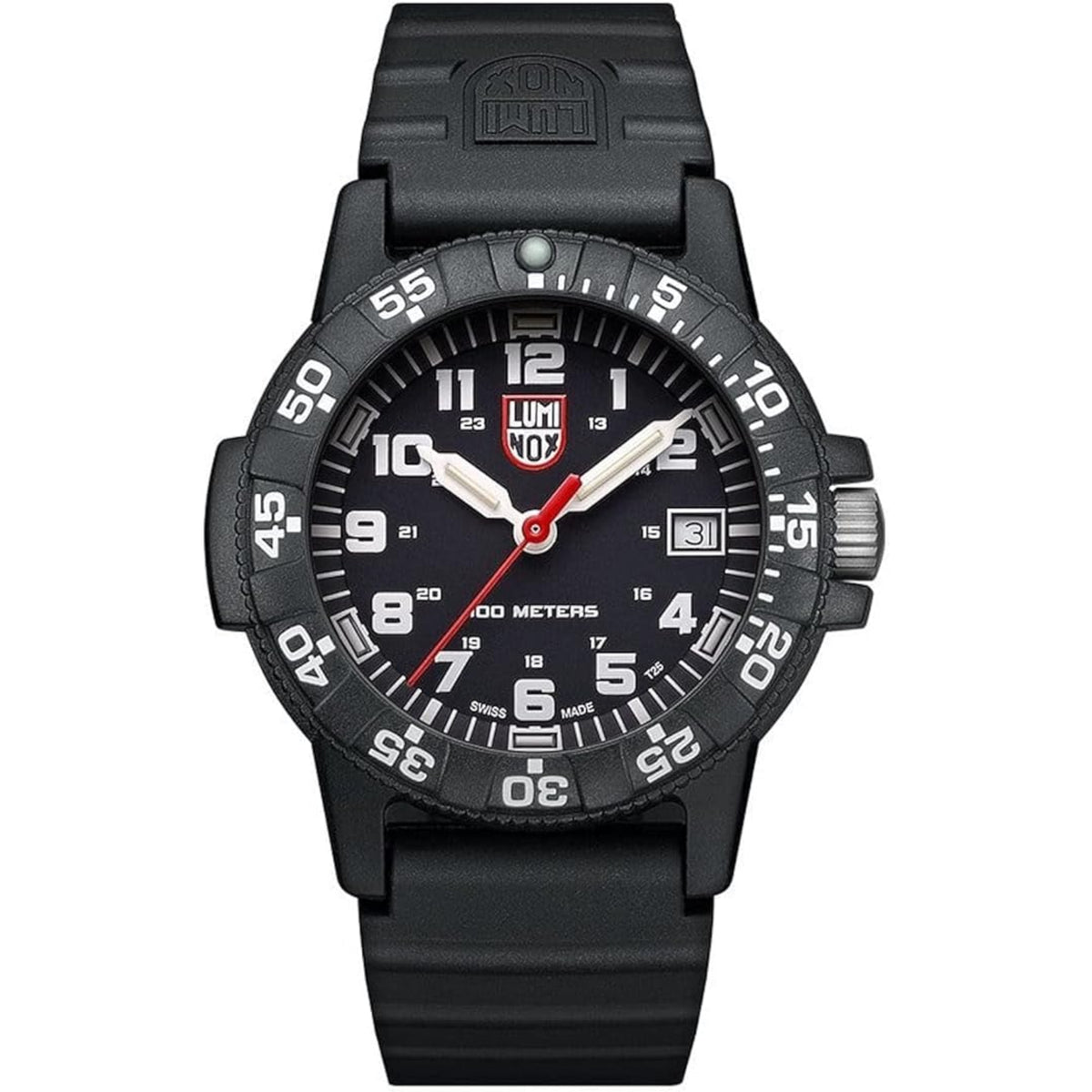 Men's black dial quartz wristwatch with silicone strap, red second hand, date window