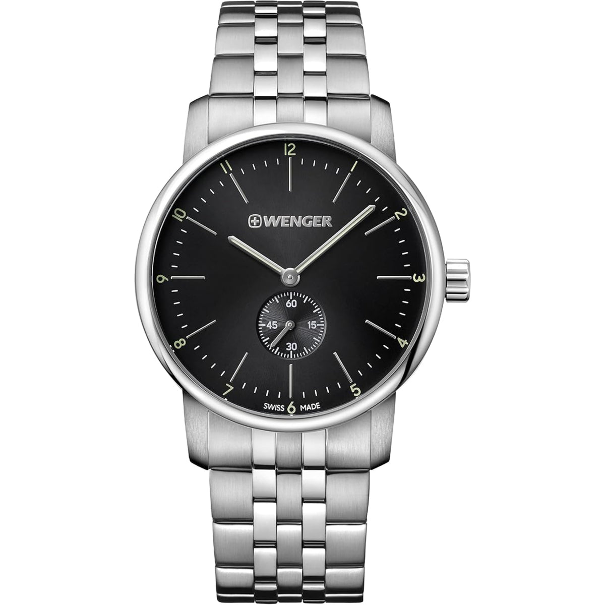 Stainless steel wristwatch with black dial, silver bezel, and metal bracelet.