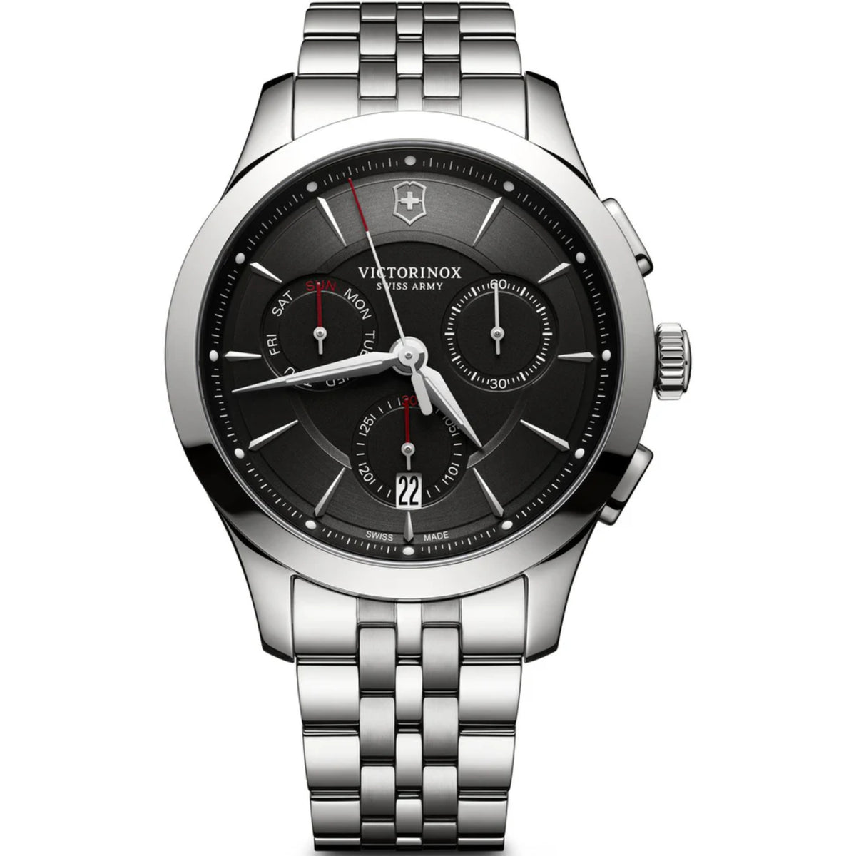 Victorinox Alliance chronograph wristwatch with black dial, steel bracelet, quartz movement
