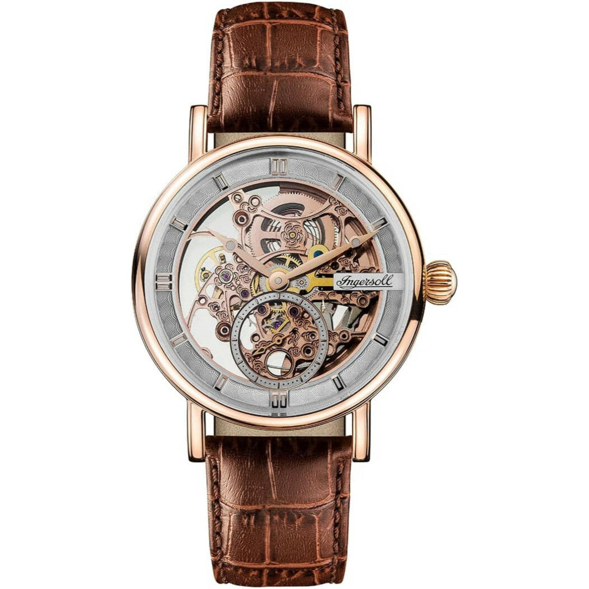 Automatic men's watch with silver skeleton dial and brown leather strap