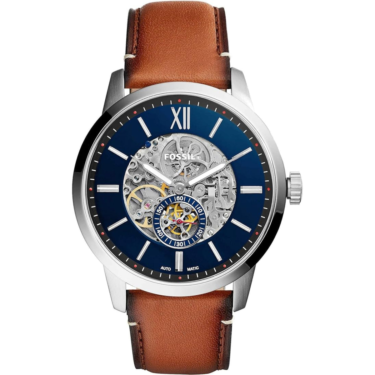 Front view of the Fossil Townsman ME3154 mens automatic watch showcasing a blue dial with open-heart skeleton display and tan leather strap