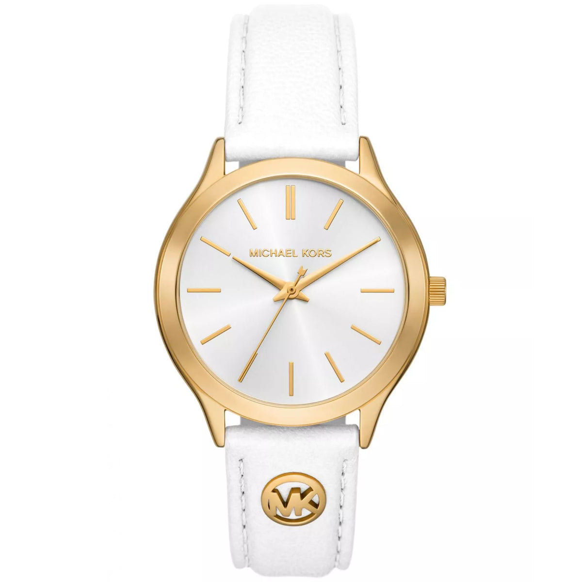Women's gold-tone case watch with white leather strap, white dial, gold hands and MK logo.