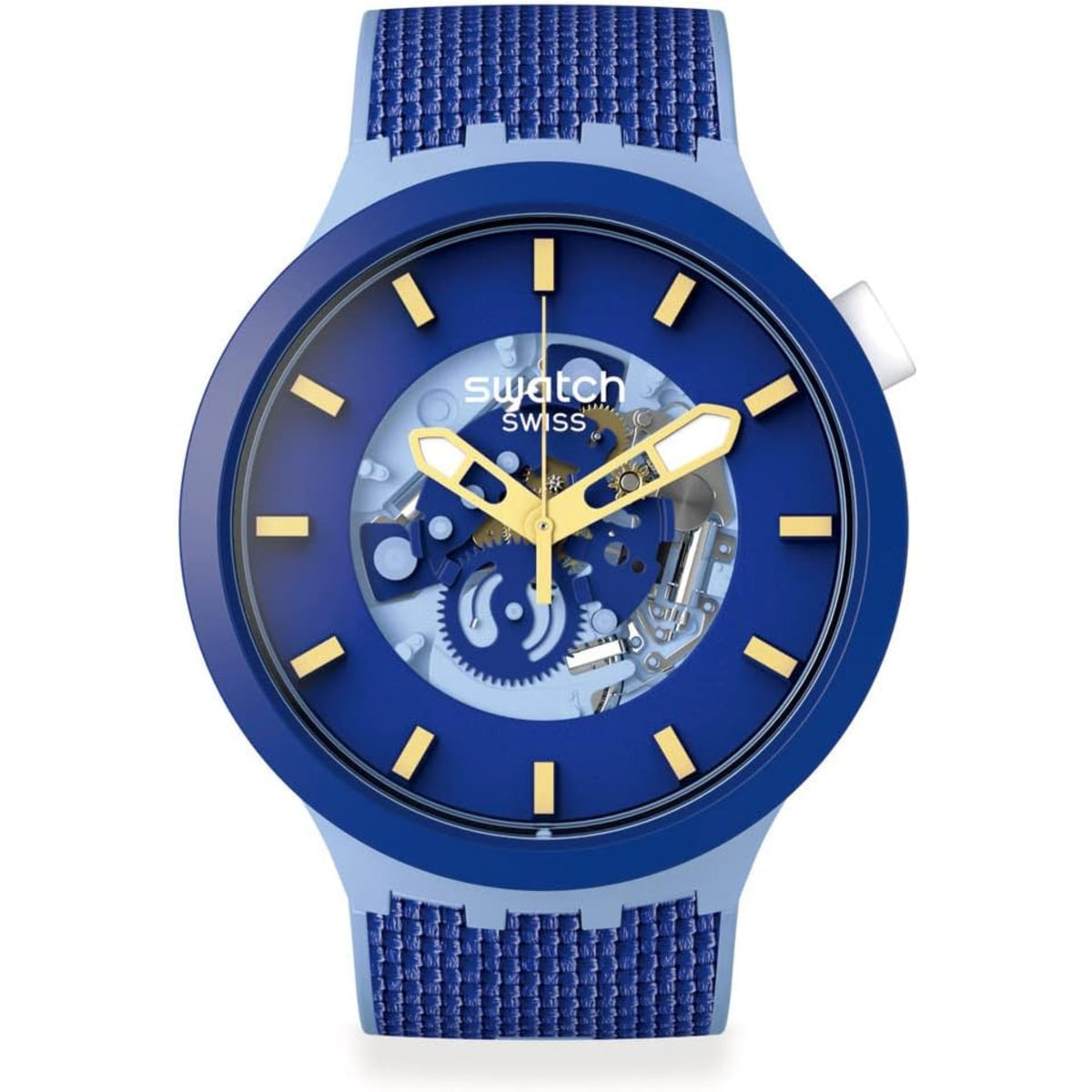 Blue dial wristwatch with gold hour markers, detailed skeleton movement, blue band