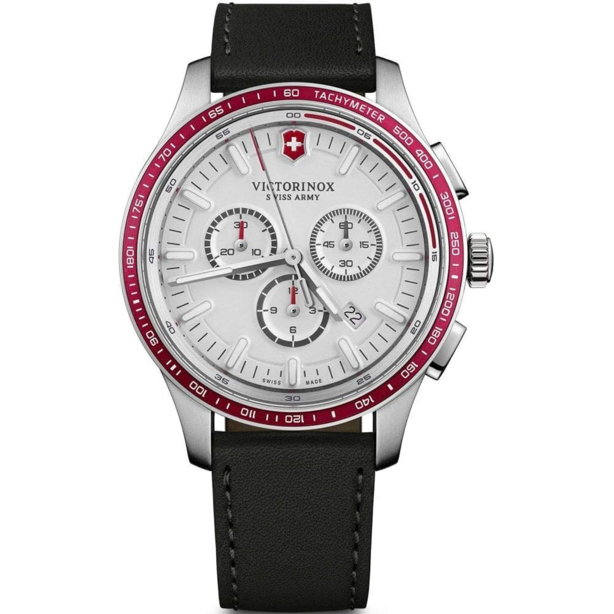 Men's chronograph watch with white dial, stainless case, black leather strap