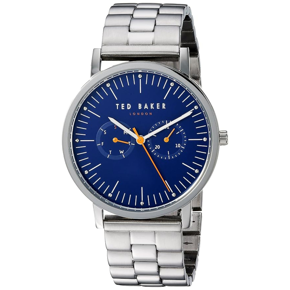 Men's stainless steel wristwatch with blue dial, round case, metal bracelet, orange hands