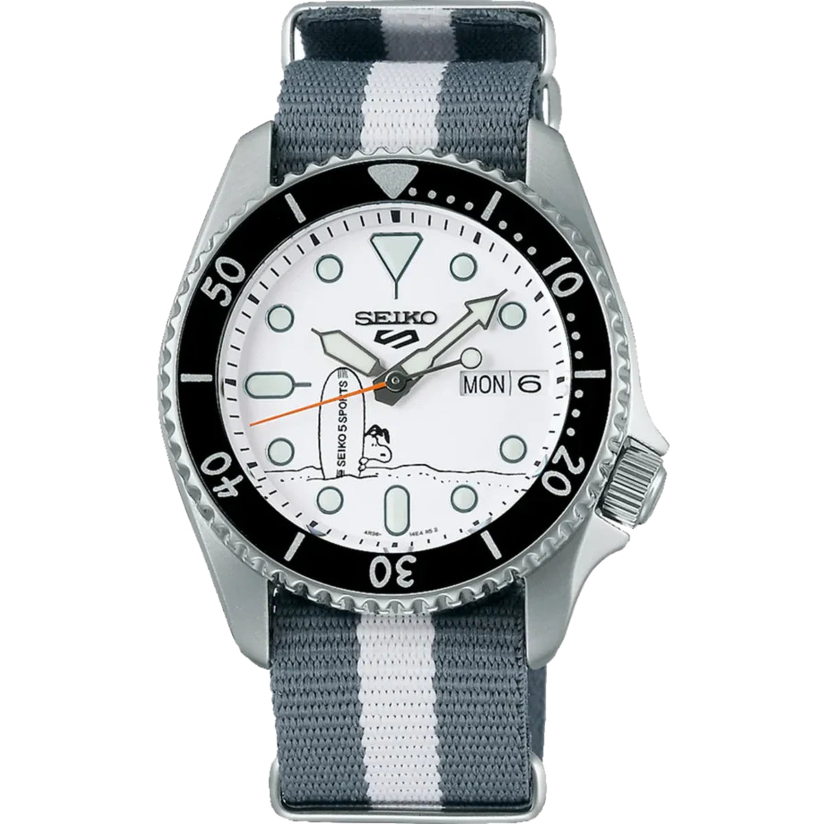 Front view of the Seiko 5 Sports X Peanuts Surfboard SRPK25K1 watch on its grey-and-white striped NATO strap.