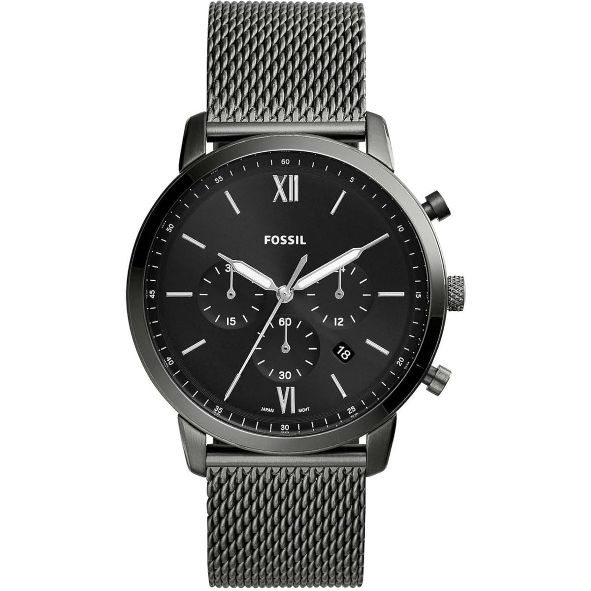 Front view of the Fossil Neutra FS5699 chronograph watch featuring a black dial, mesh steel bracelet, sub-dials, Roman numeral indices, and date window