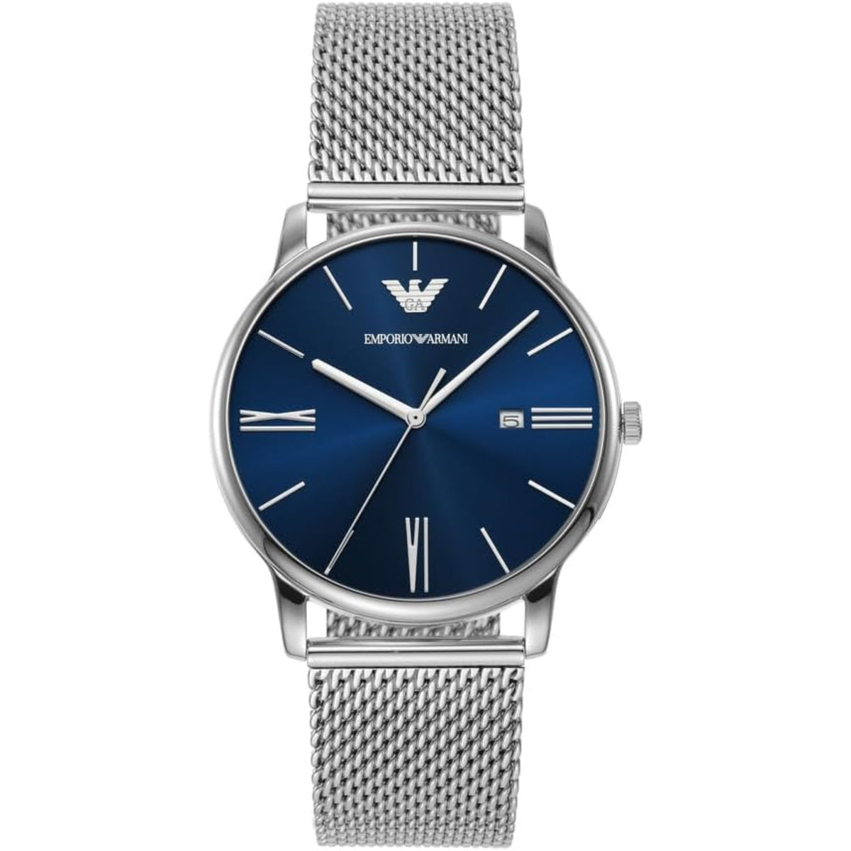 Mens quartz watch with blue dial, roman numeral markers, and steel mesh bracelet.