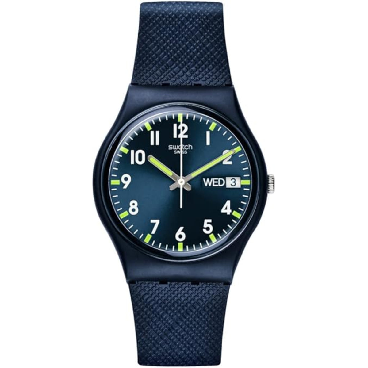 Men's blue dial Swatch watch with black case, neon minute markers, blue fabric strap