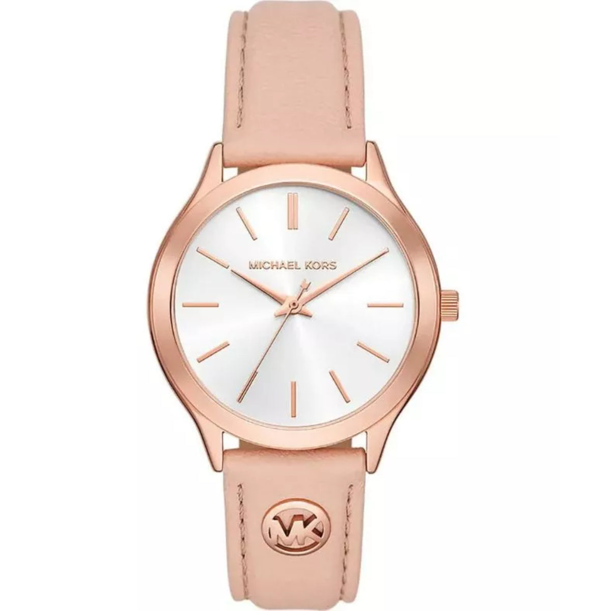 Michael Kors slim runway watch with white dial and blush pink leather strap, rose gold case