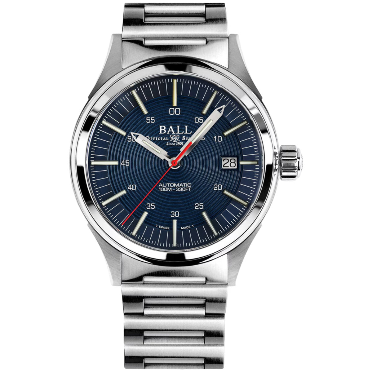 Men's stainless steel automatic watch with blue dial, date window, and metal bracelet