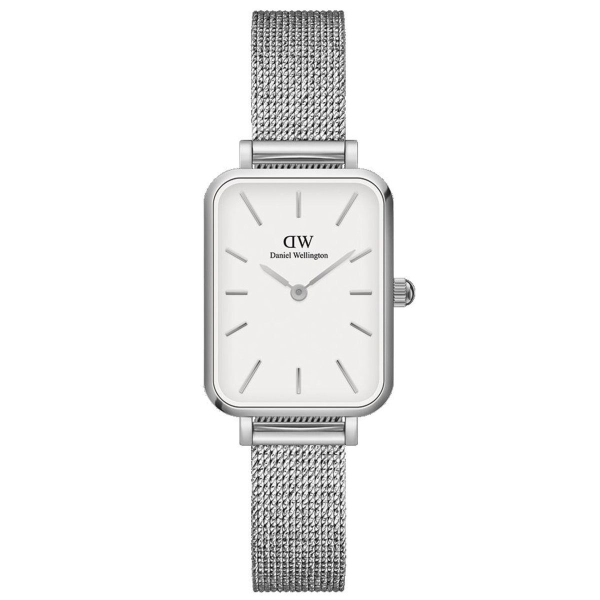 Daniel Wellington square stainless steel watch with white dial and mesh bracelet strap
