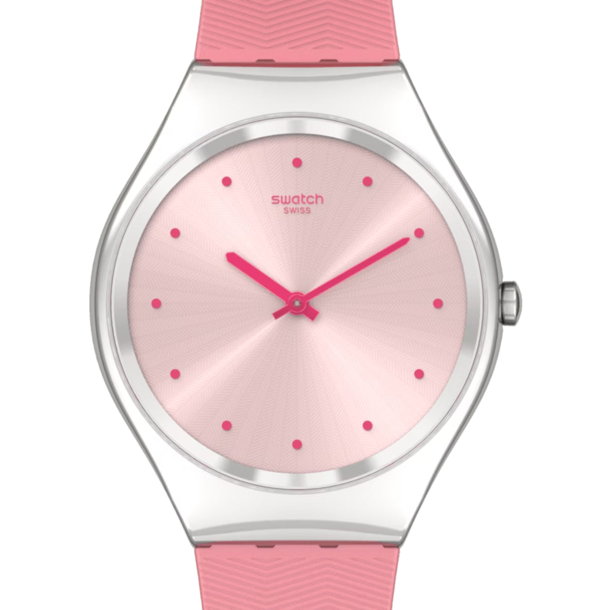 Pink dial ladies watch with silver case, pink silicone strap and dot hour markers