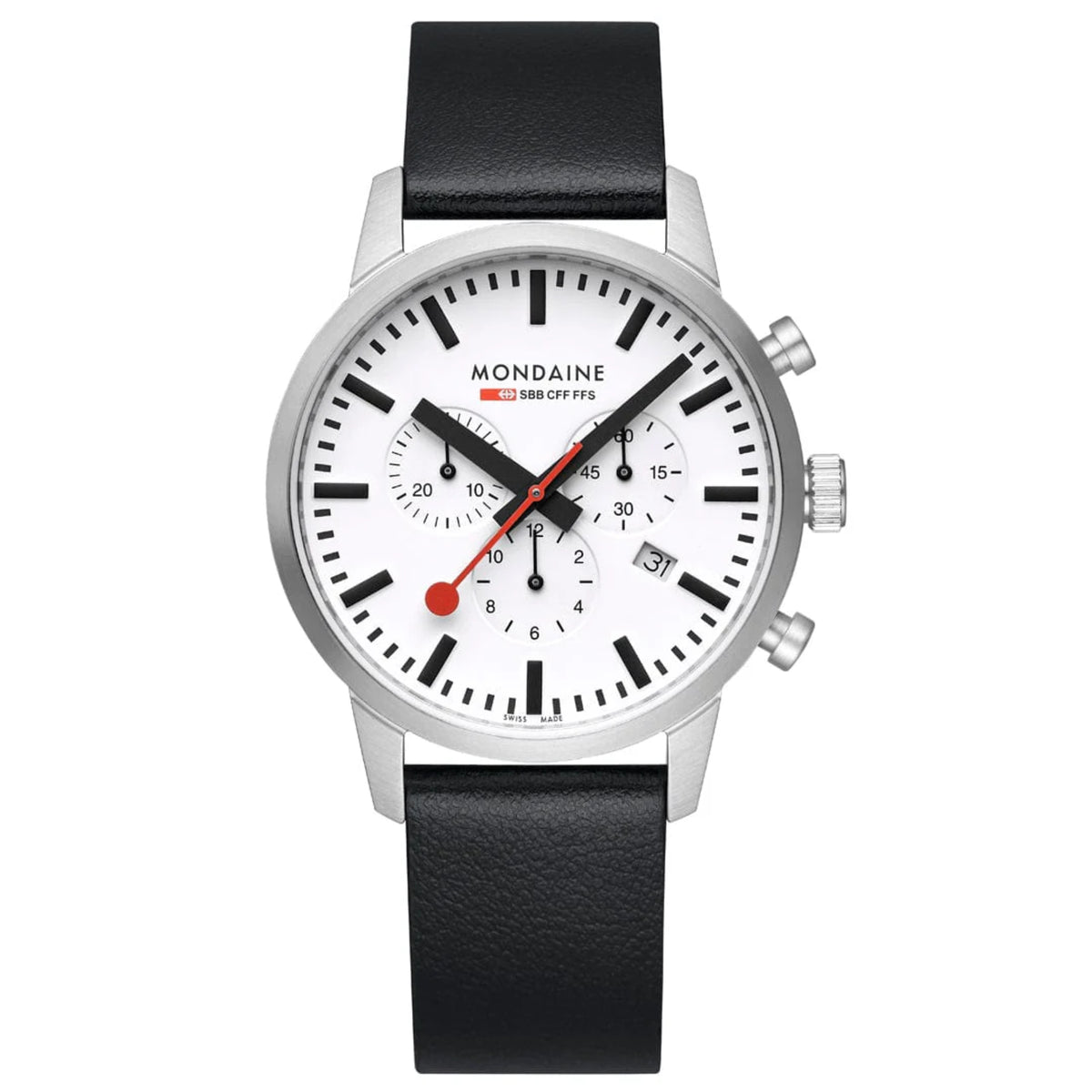 Men's chronograph watch with white dial, black leather strap, silver case and pushers