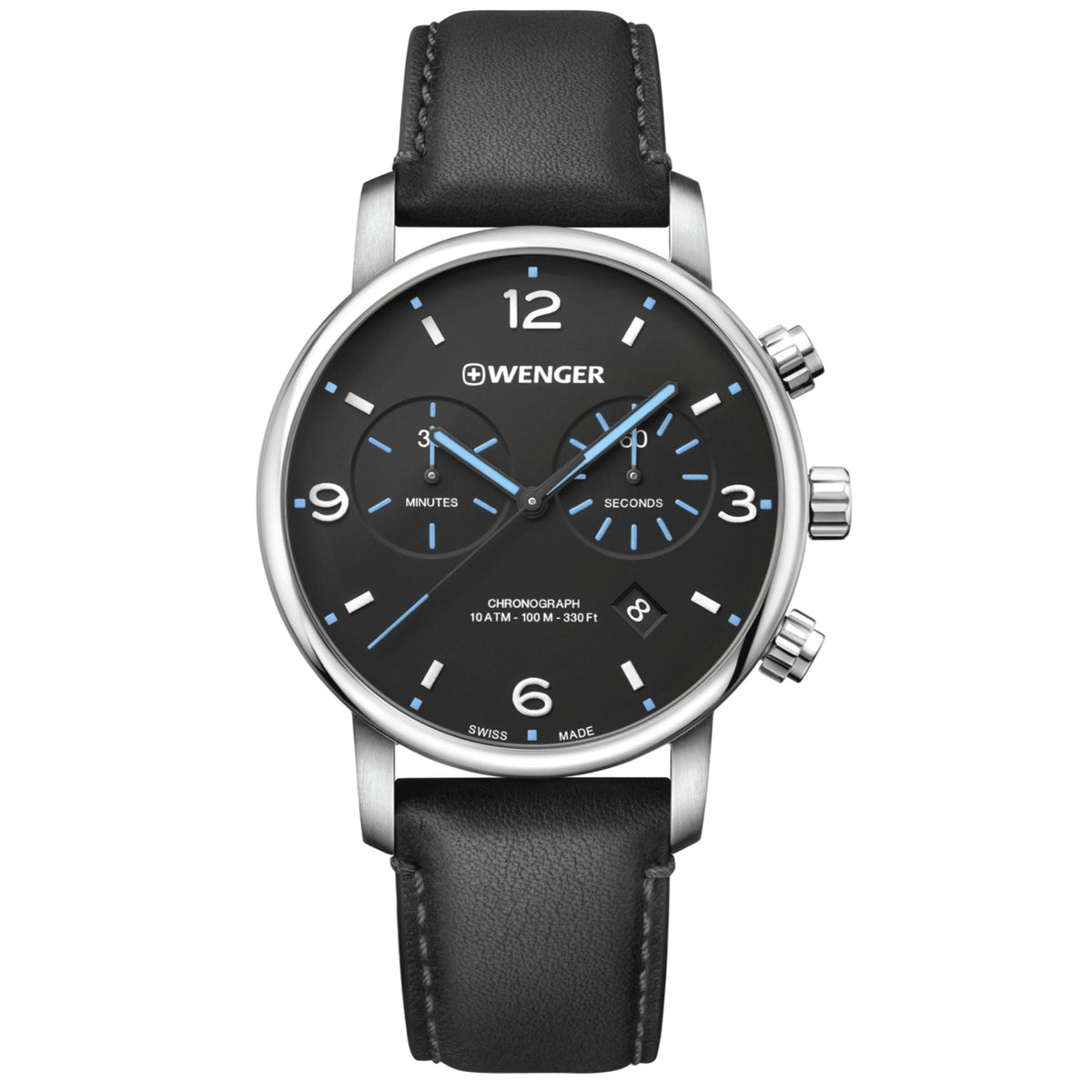 Men's chronograph quartz watch: black dial, black leather strap, stainless steel case.