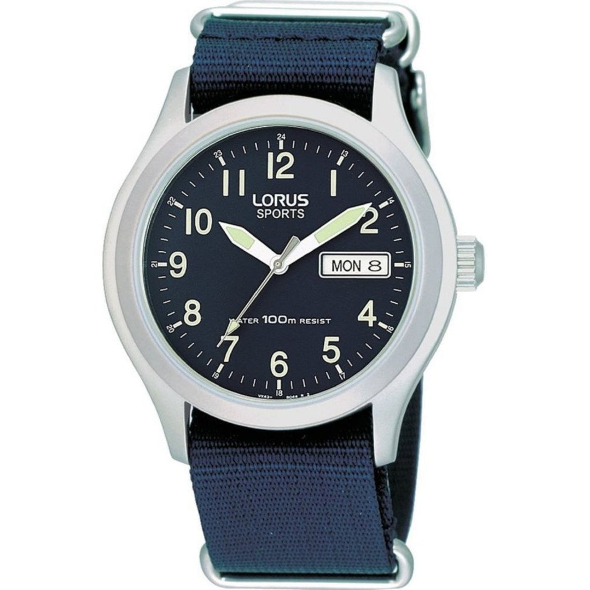 Lorus men's sports watch with dark blue fabric strap, black dial, day/date window
