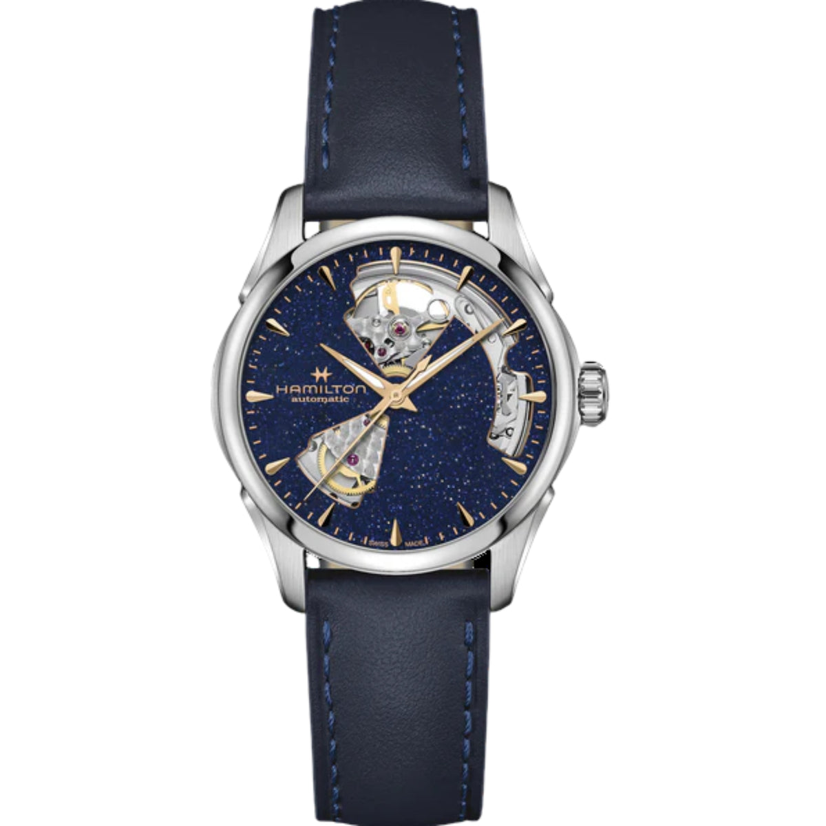 Hamilton Jazzmaster automatic watch with blue open-heart dial and blue leather strap