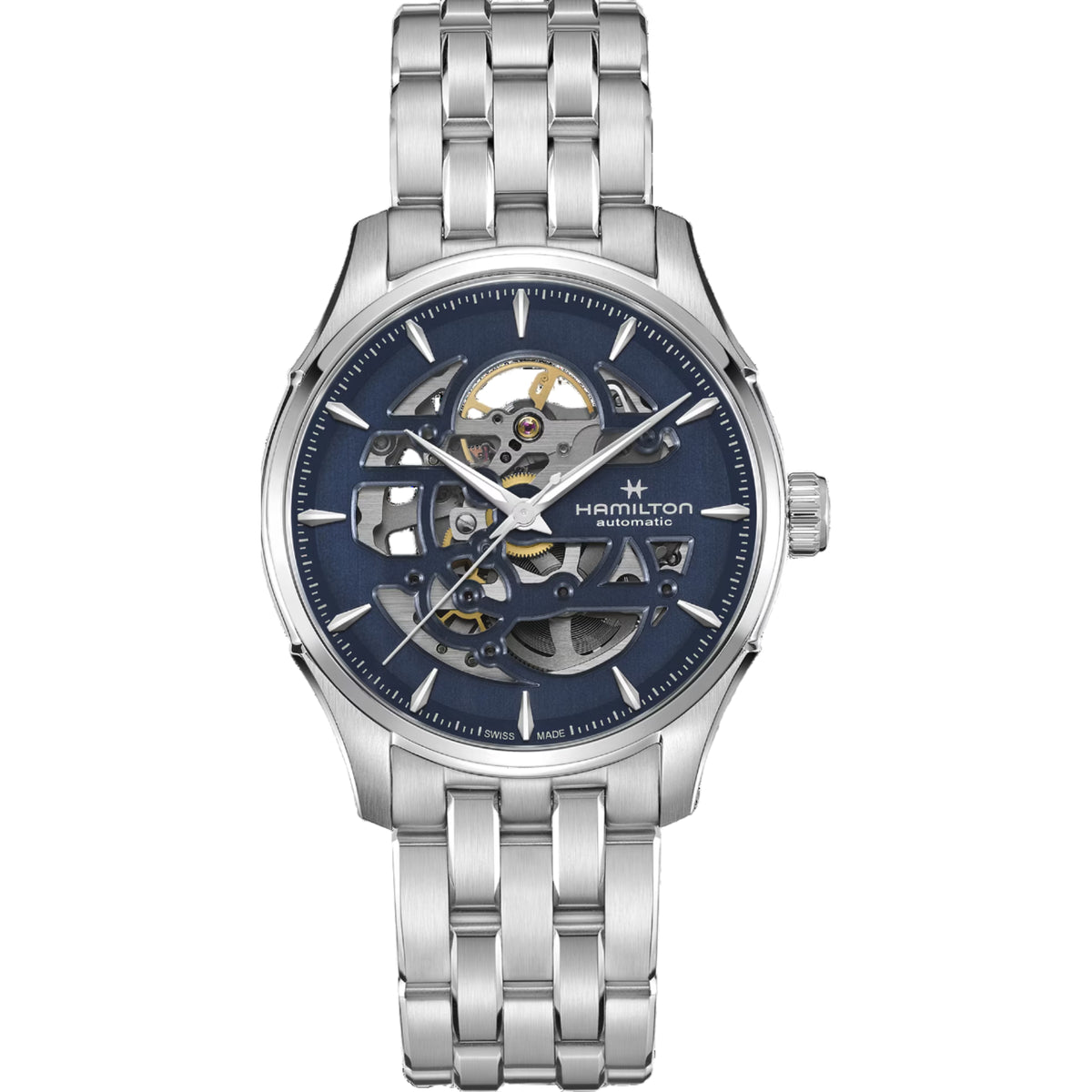 Hamilton Jazzmaster 40mm Skeleton blue cut-out dial steel bracelet automatic watch H42535141 front view