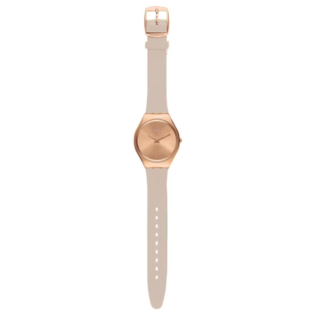 Rose-gold ladies watch with pink silicone strap and visible crown detail