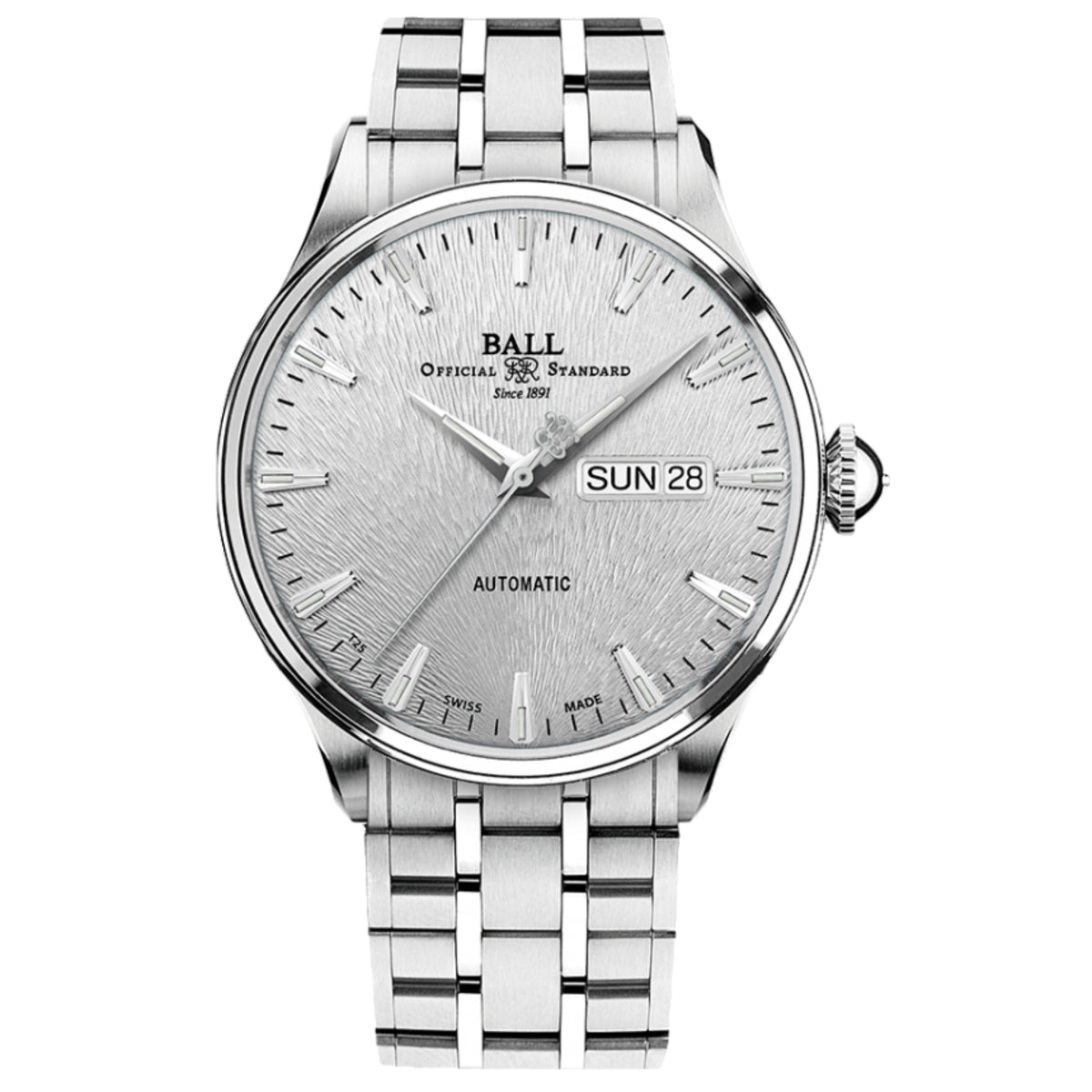 Men's stainless steel automatic watch with silver dial, day-date Sun 28, metal bracelet