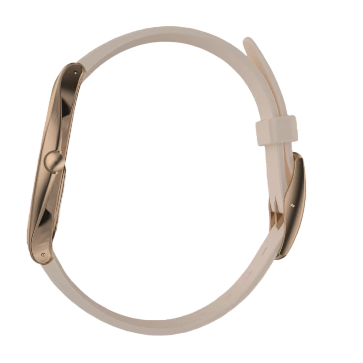 Side view of ladies silicone strap watch, rose-gold case with crown at right