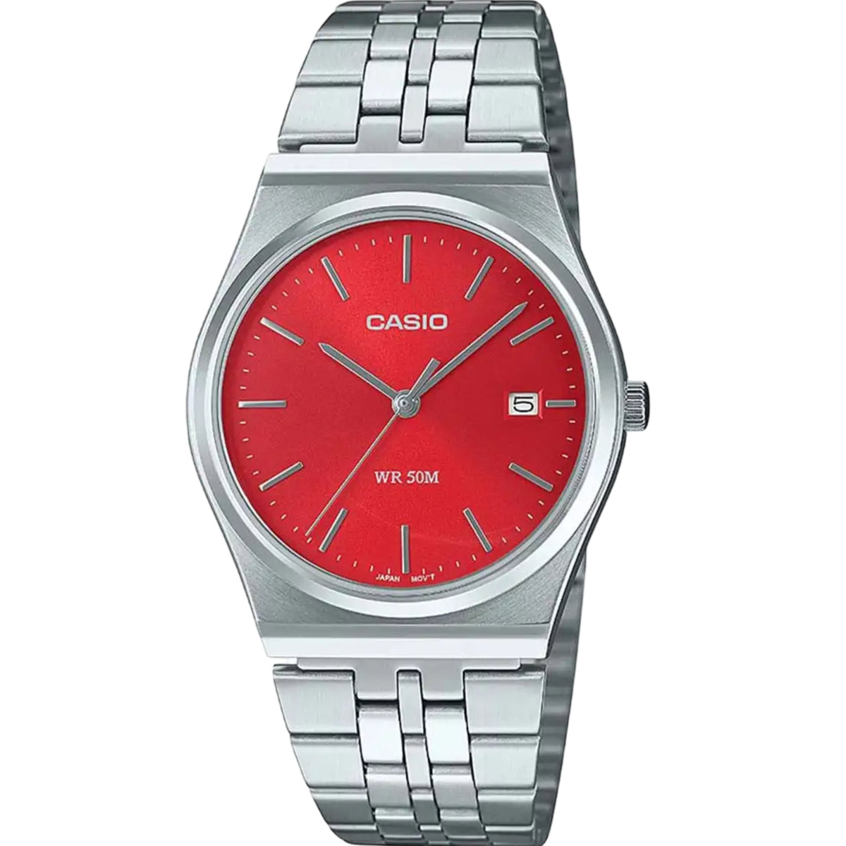 Men's stainless steel watch with red dial, metal link bracelet, date window, WR 50M