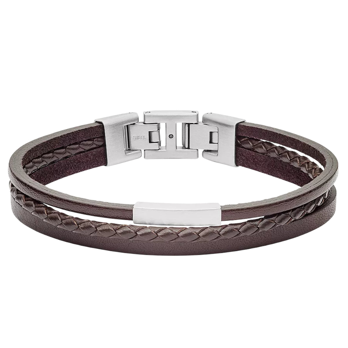 Multi-strand brown leather bracelet with silver-tone rectangular clasp