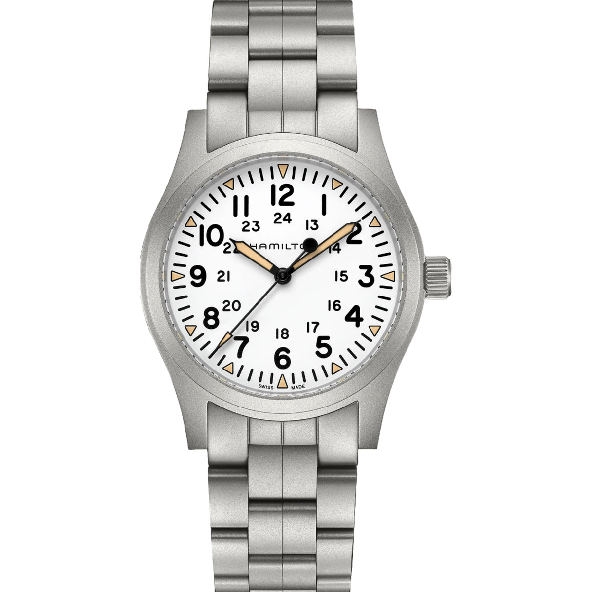 Hamilton 42mm mechanical watch with white dial, gold-tone hands, steel bracelet and crown