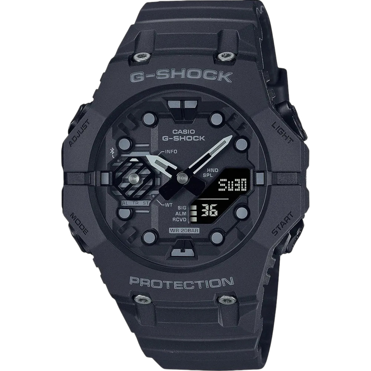 Casio G-Shock GA-B001-1AER front view showing black dial with resin bezel and integrated strap