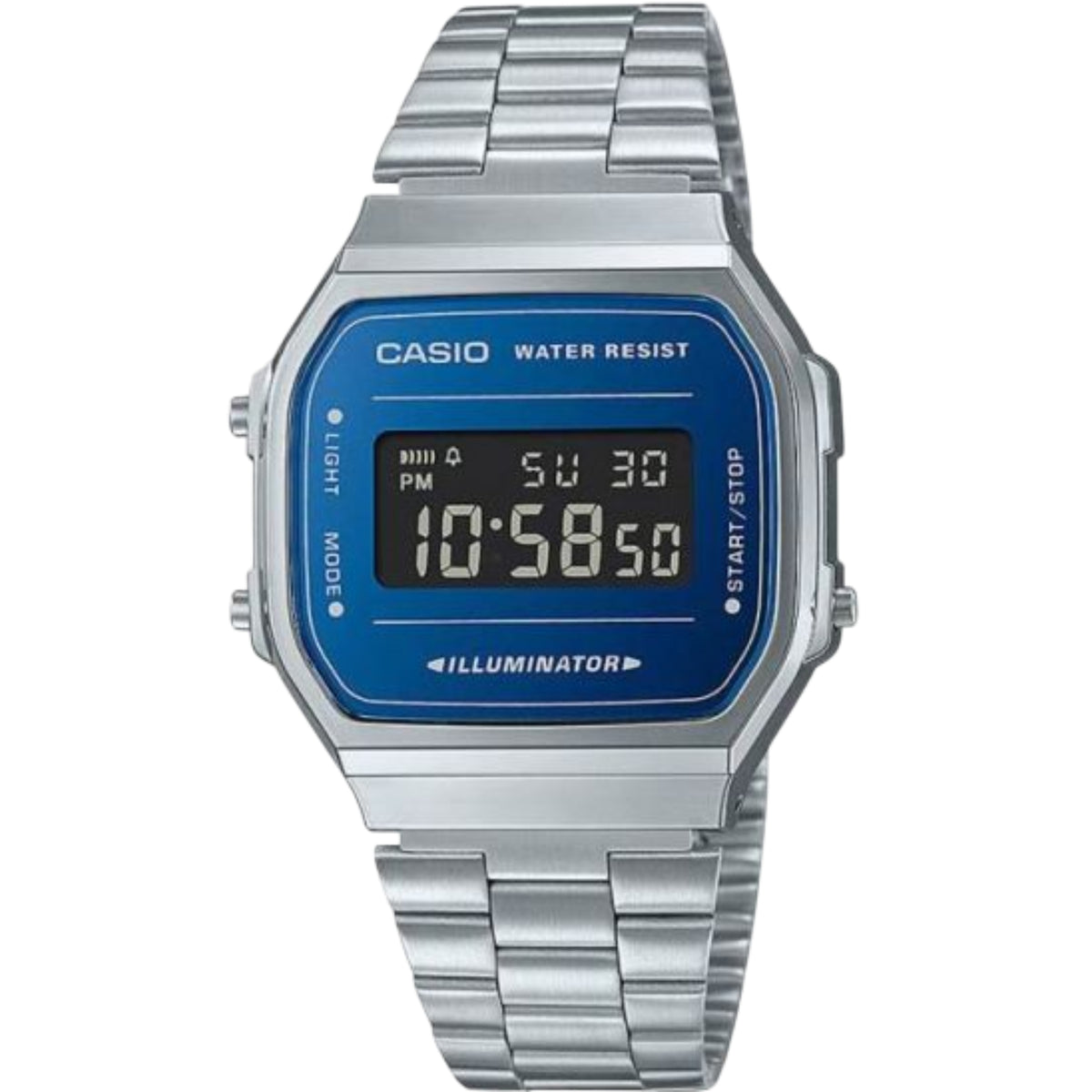 Casio Vintage Iconic A168WEM-2BEF digital quartz watch with a blue dial border, inverted LCD display, and silver steel bracelet