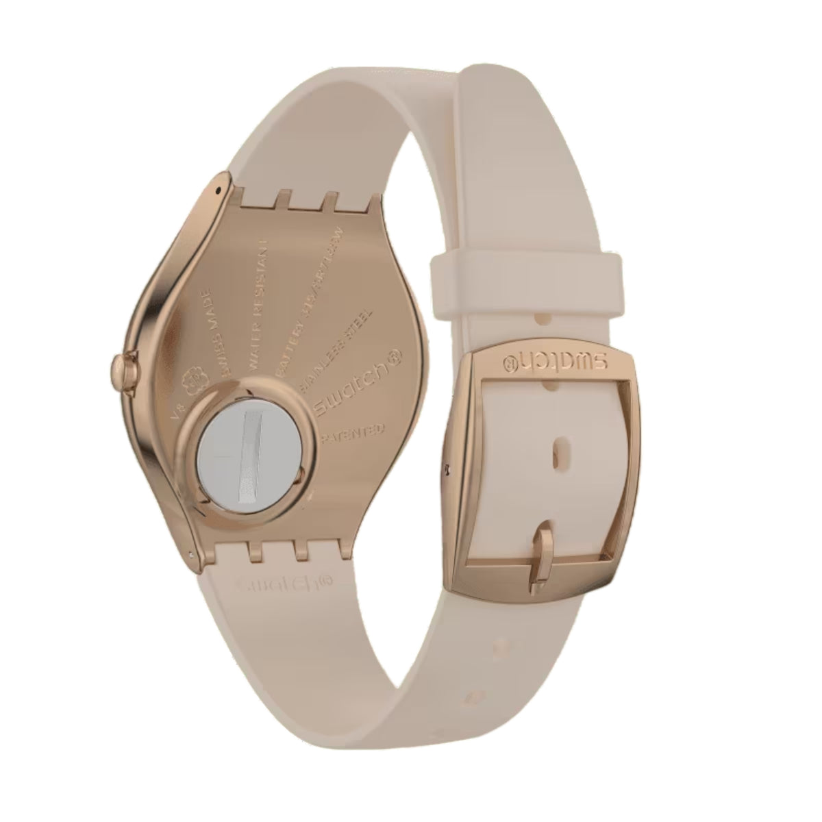 Reverse view of ladies silicone strap watch with rose-gold case and clasp
