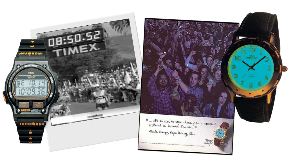 Timex Ironman digital watch alongside vintage Indiglo concert ad and blue backlit watch display