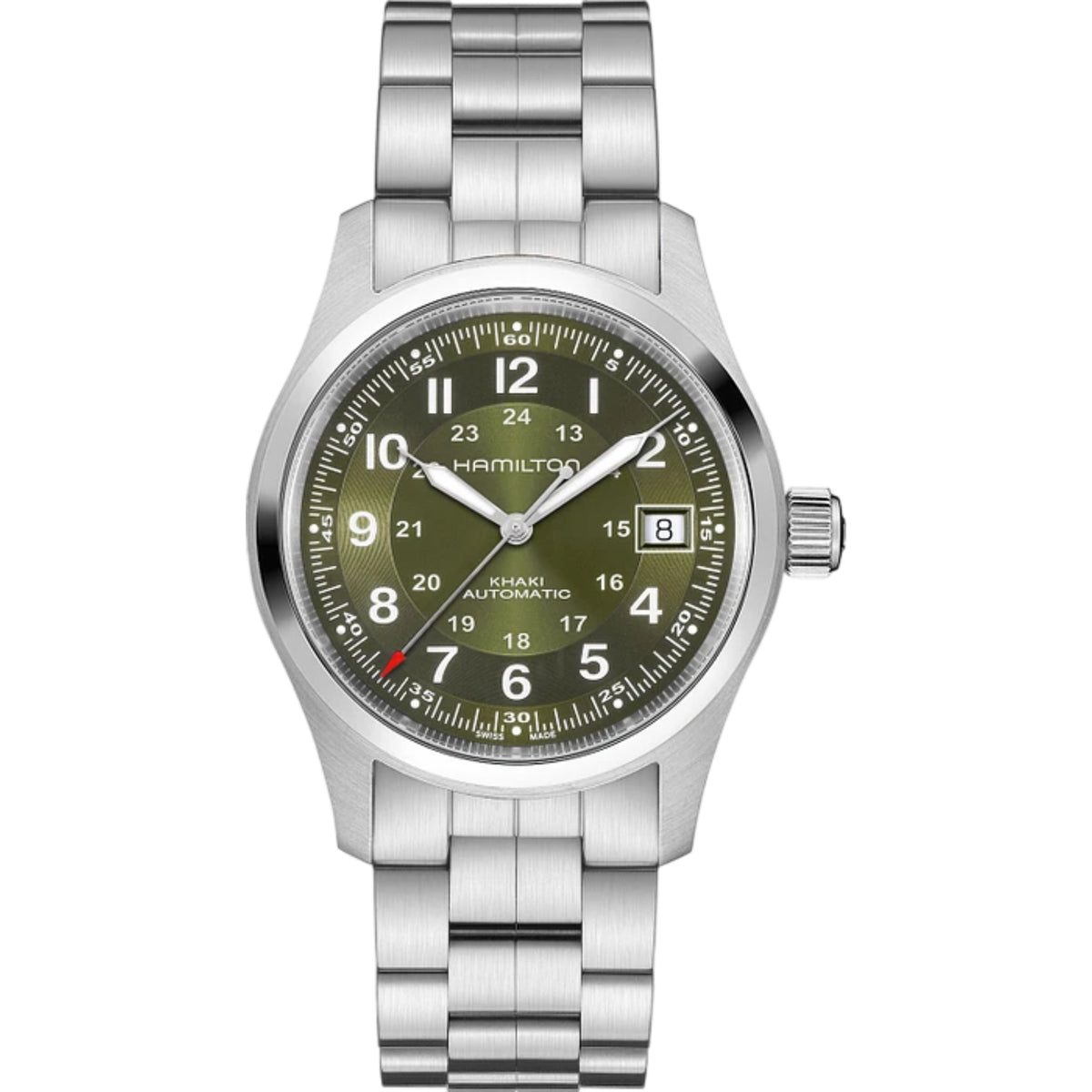 Hamilton Khaki Field H70455160 mens 38mm automatic watch front view featuring green dial, stainless steel case, and matching metal bracelet