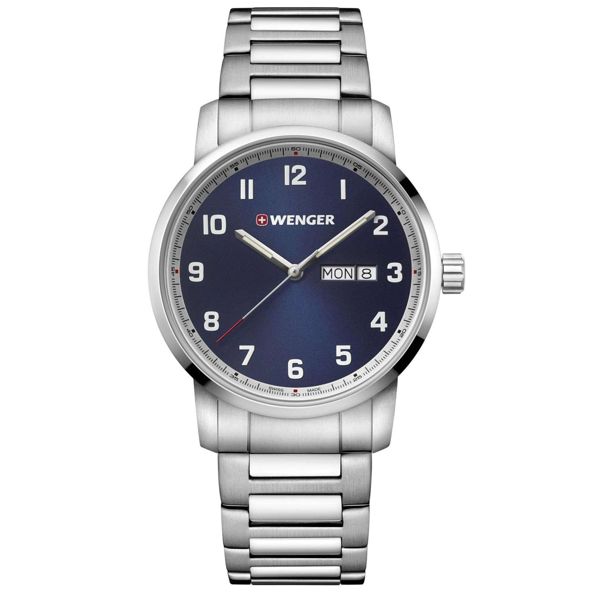 Men's Wenger quartz watch with blue dial, steel bracelet, date window at 8 o'clock
