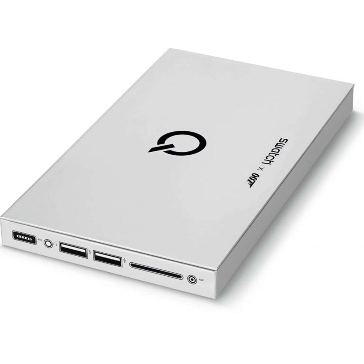 Silver Swatch gift box lid with Q logo and front ports