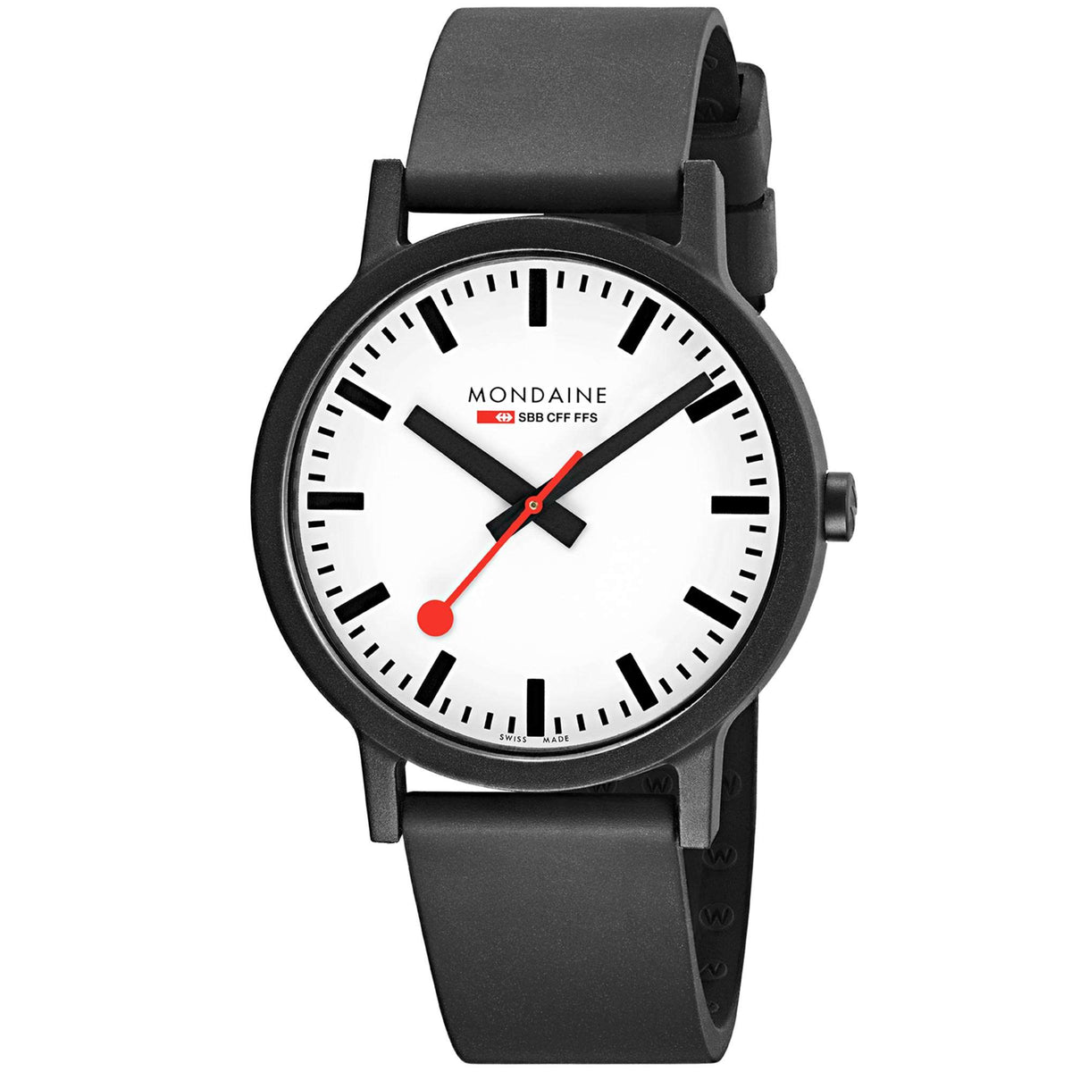 Angle shot of Mondaine Essence MS1.41110.RB Swiss Railways watch displaying a matte black case and an iconic red second hand
