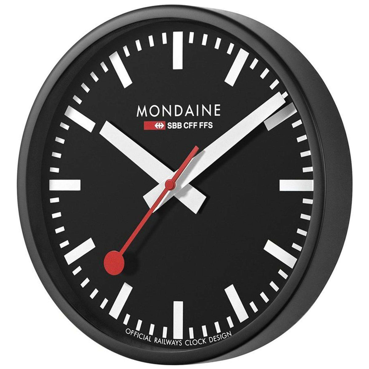 Mondaine 25cm wall clock A990.CLOCK.64SBB angled front view showing black aluminum casing