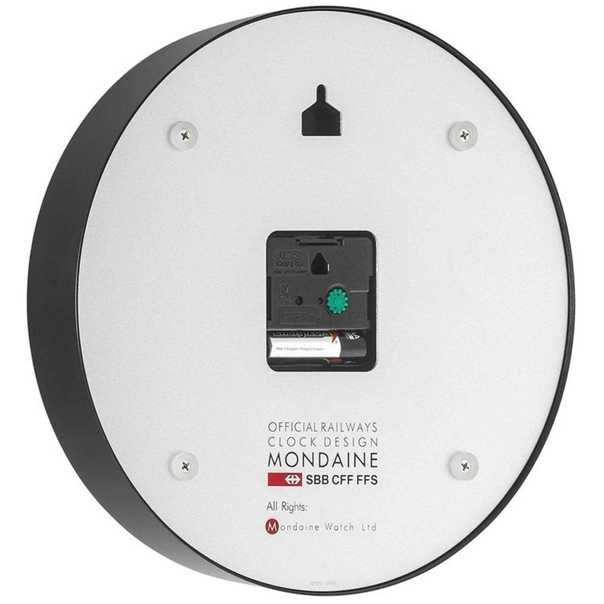 Mondaine wall clock back view showing mounting hole, battery slot, and official logo branding