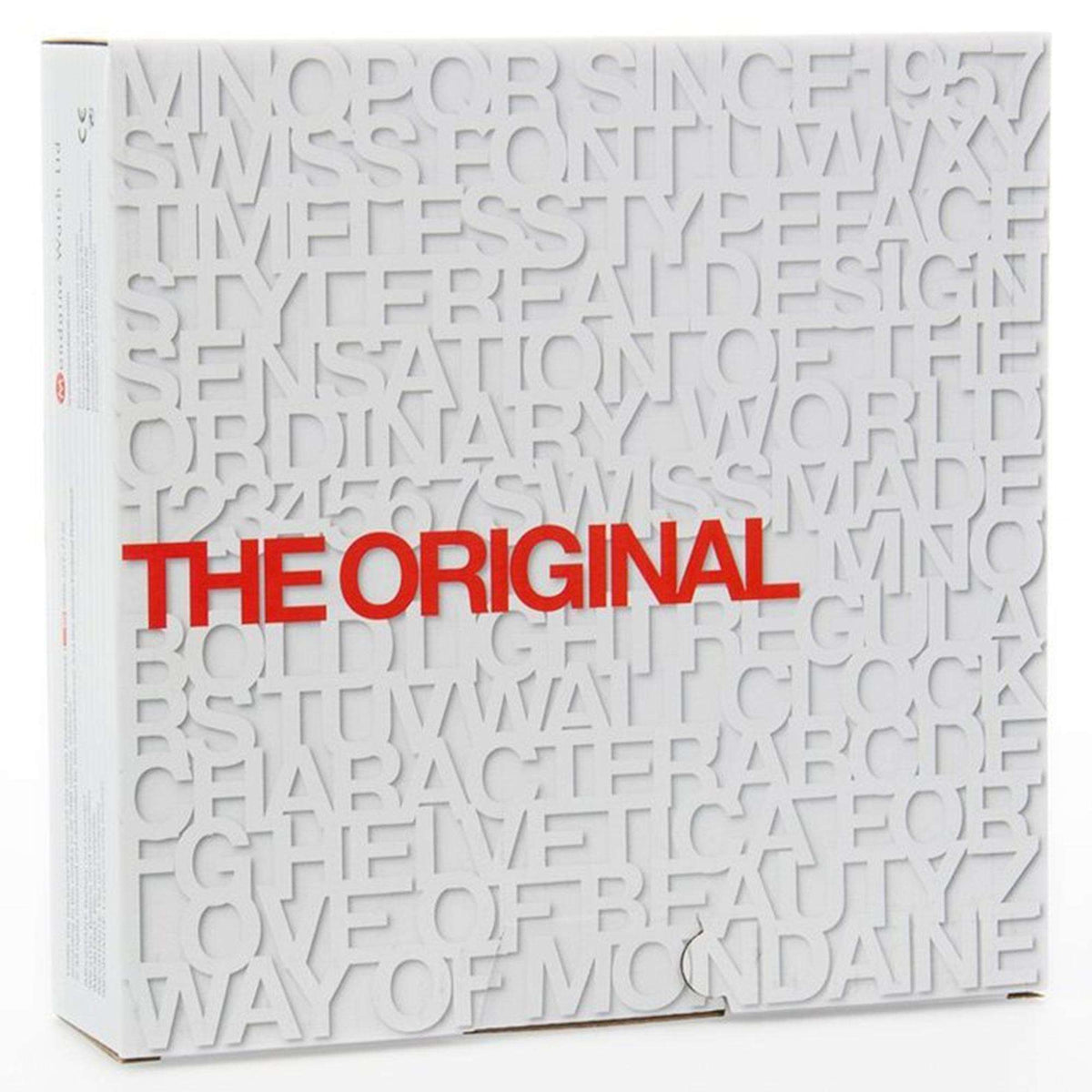 Mondaine official packaging box featuring embossed typography and "THE ORIGINAL" red text