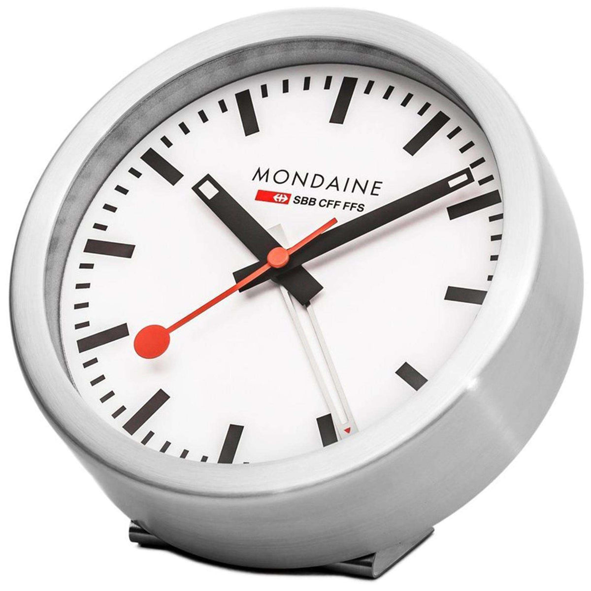 Mondaine table clock with white dial and silver case, standing base and alarm-style face