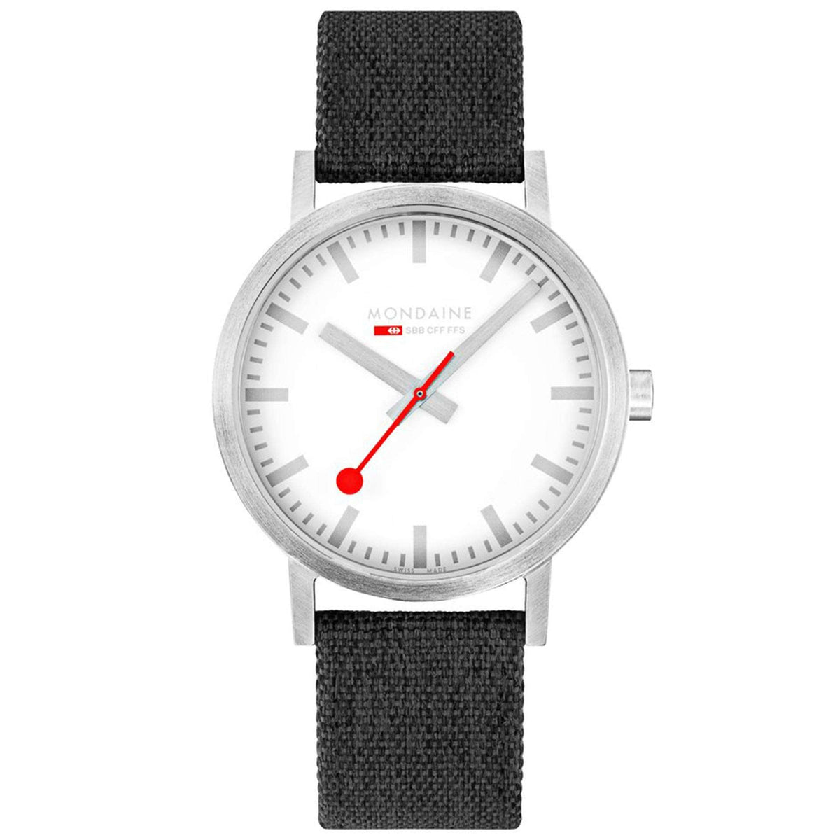 Round men's quartz watch with white dial, silver case, red hands, grey textile strap