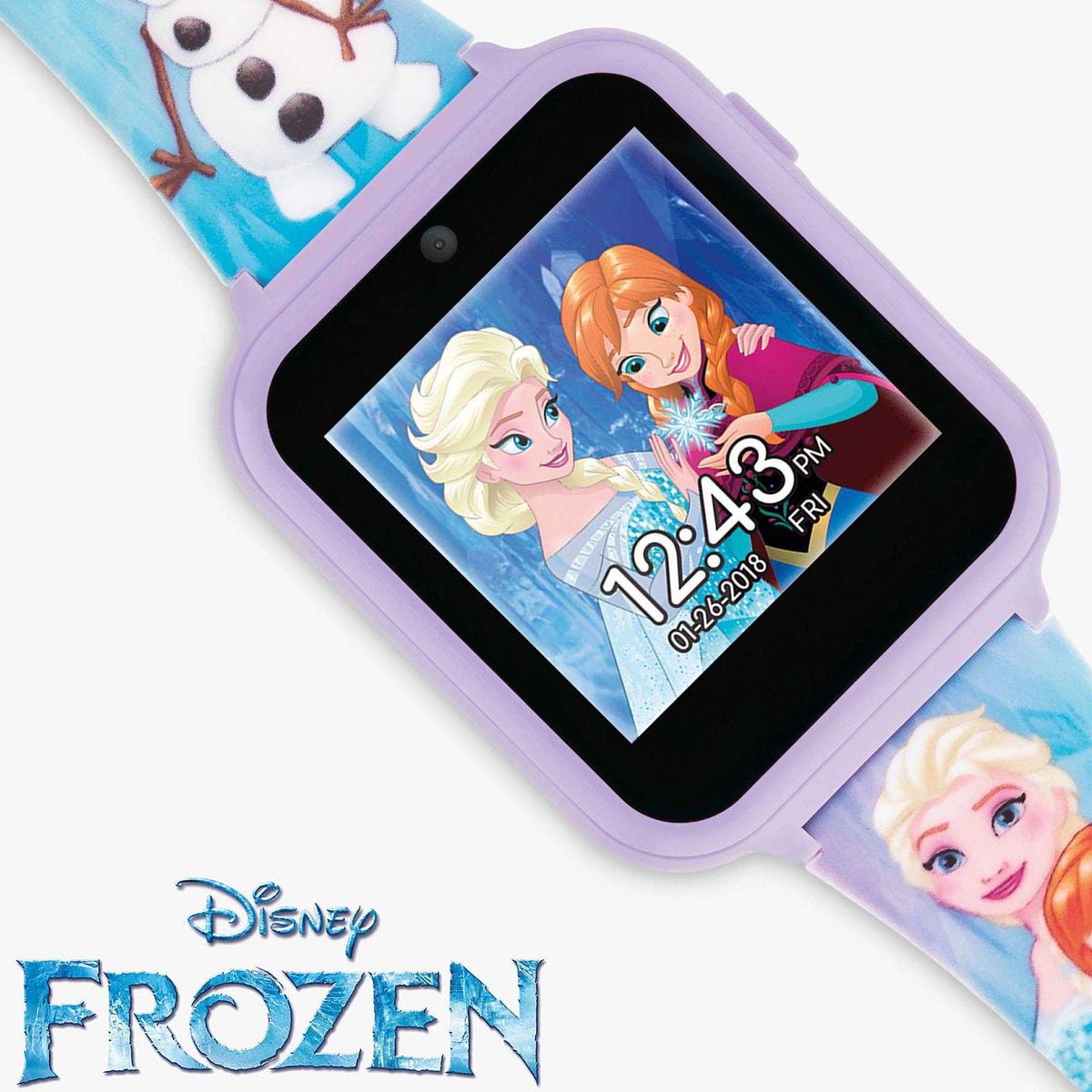 Kids digital watch close-up with purple bezel, 12:43 screen, and Frozen character artwork on strap