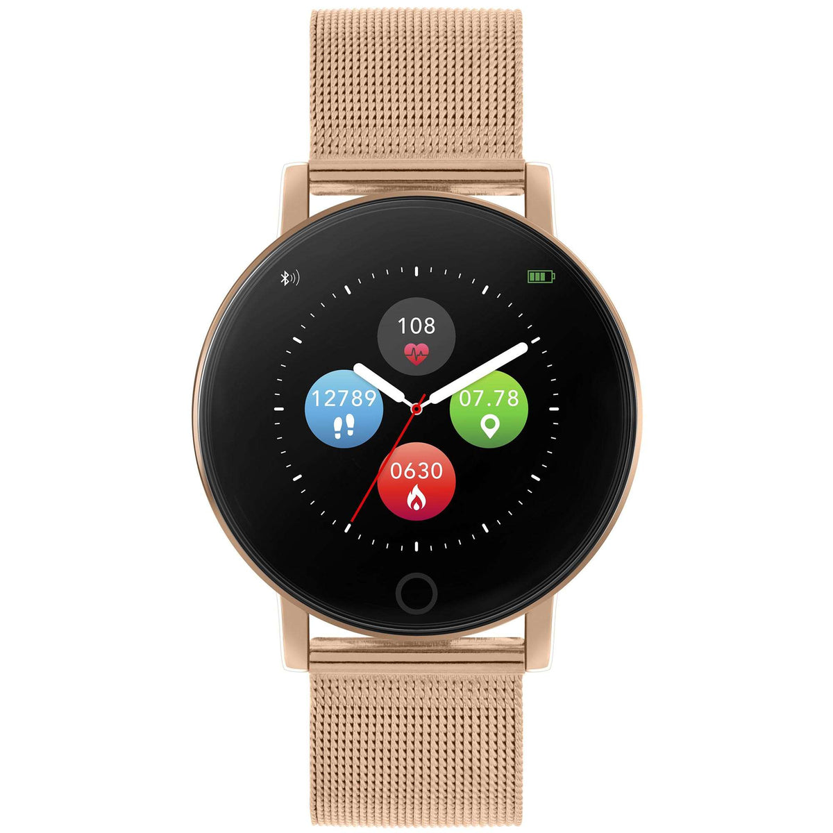 Rose gold PVD smartwatch with black dial and Milanese mesh bracelet, fitness app display