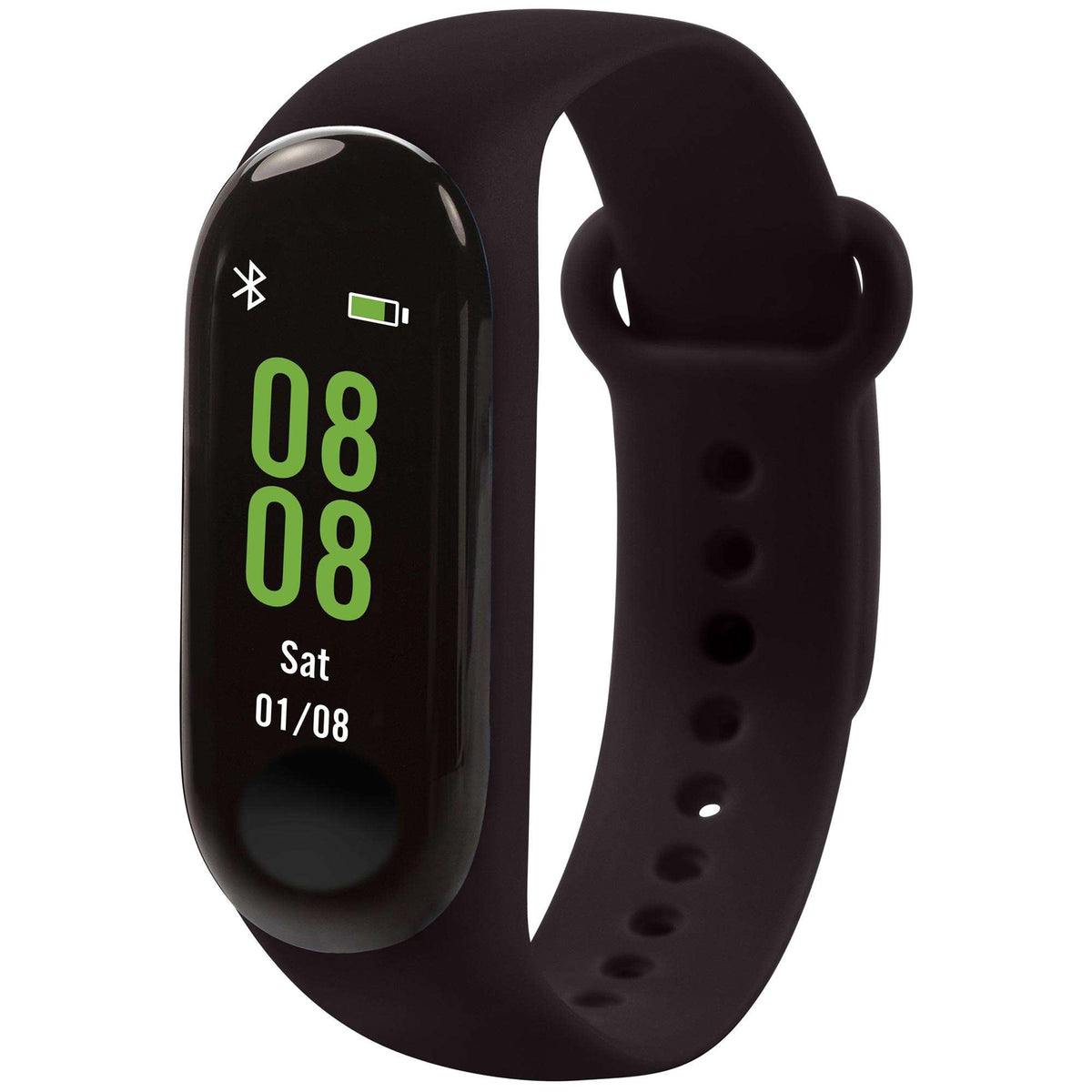 Black smartwatch with green digital display and black silicone strap