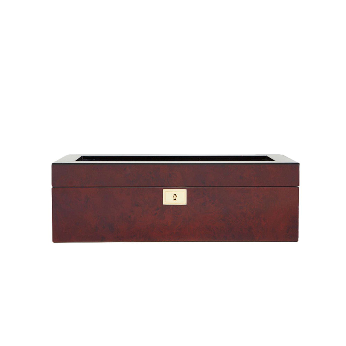 Burgundy watch storage box with hinged lid and brass lock plate, closed