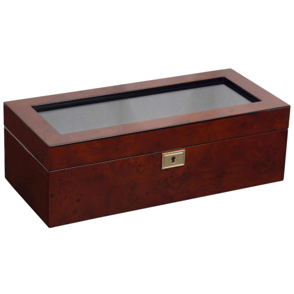 Burgundy watch storage box with glass top window and brass lock, closed