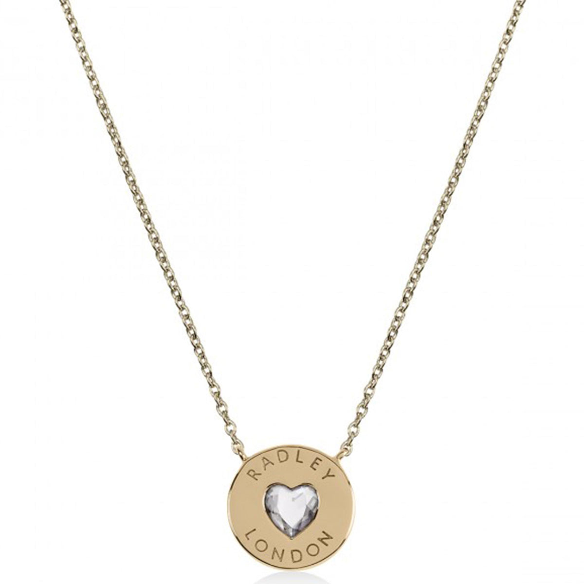 Gold heart disc necklace with “RADLEY LONDON” engraving and small heart centerpiece, chain included