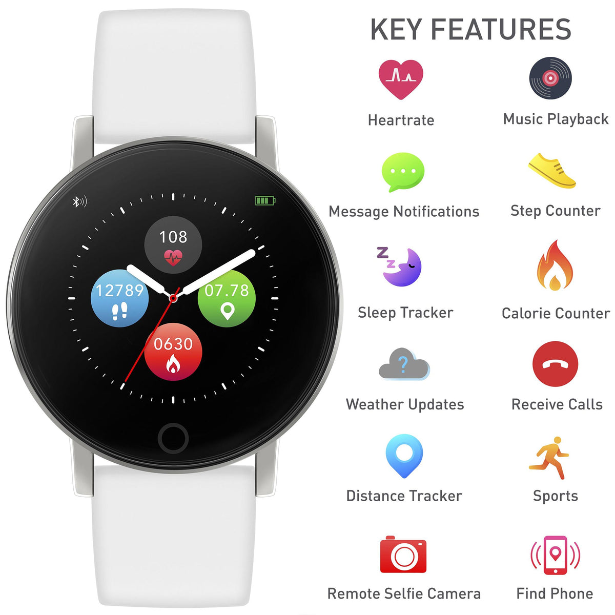 Women’s smart watch with black touchscreen dial and white silicone strap, silver case